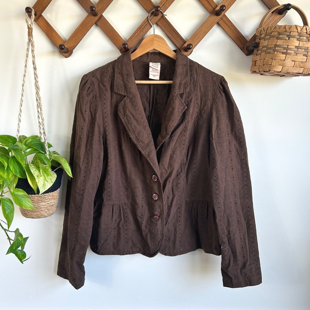 Faded Glory Vintage Originals Brown Eyelet Cotton Blazer Jacket Coffee House